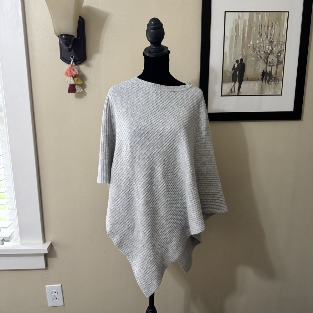 Tabitha Webb Gray Wool Blend Ribbed Poncho Shawl Knit Womens One‎ Size Boho Luxe